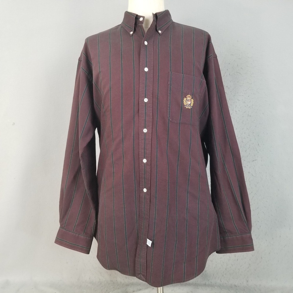 Ralph Lauren Button Down Mens XL Burgundy Striped Crest Logo Heavy Cotton Shirt
